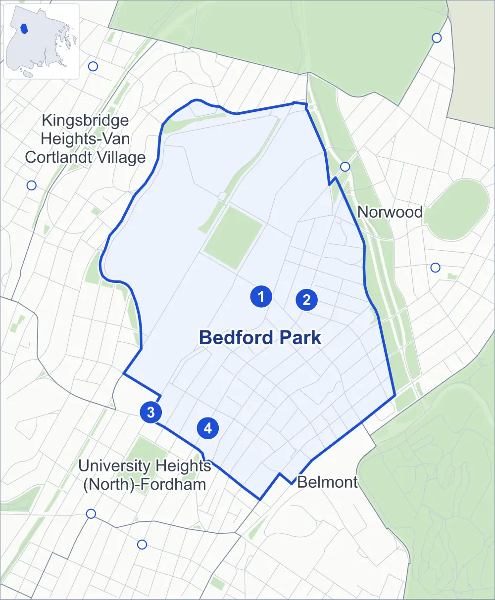 Street map of Bedford Park, Bronx, outlined among Kingsbridge Heights-Van Cortlandt Village, Norwood, University Heights (North)-Fordham and Belmont, with its four subway stations and Harris Park.