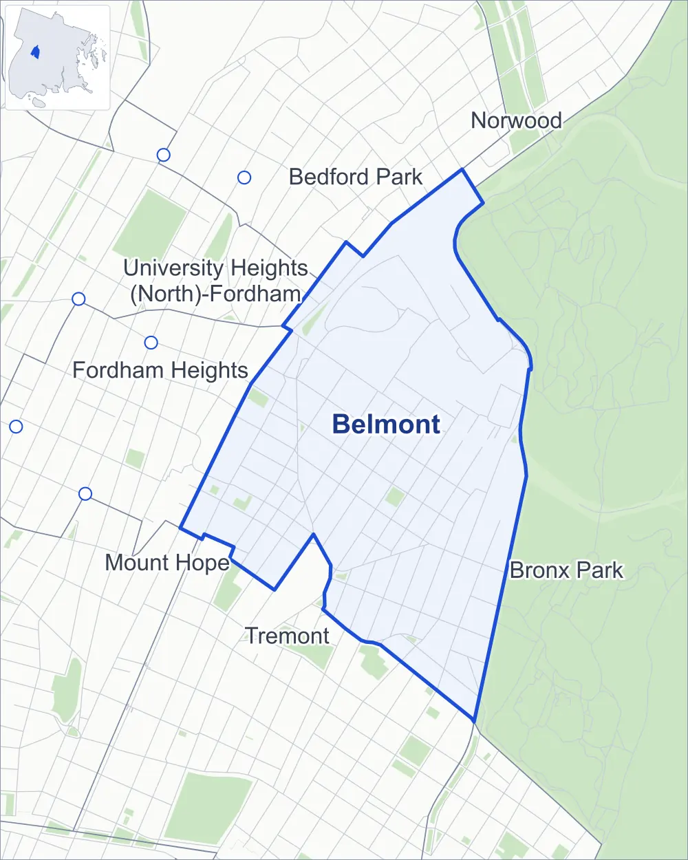 Street map of Belmont, Bronx, outlined among Bronx Park, Tremont, Fordham Heights and Bedford Park.