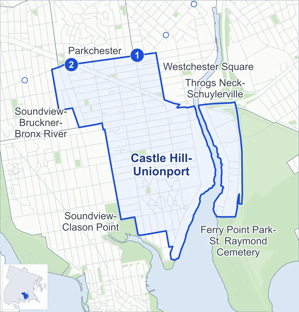 Street map of Castle Hill-Unionport, Bronx, outlined among Soundview-Clason Point, Ferry Point Park-St. Raymond Cemetery, Westchester Square and Soundview-Bruckner-Bronx River, with its two subway stations and P.O. Serrano Playground.