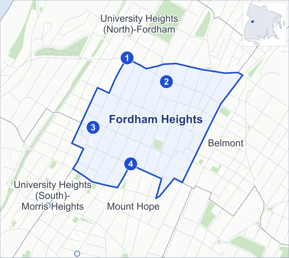 Street map of Fordham Heights, Bronx, outlined among University Heights (North)-Fordham, Mount Hope, Belmont and University Heights (South)-Morris Heights, with its four subway stations.
