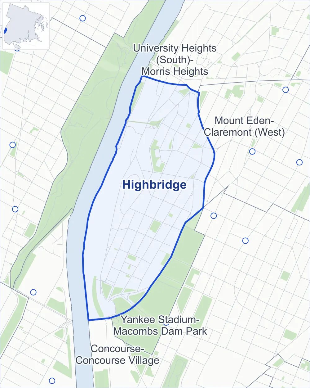 Street map of Highbridge, Bronx, outlined among Yankee Stadium-Macombs Dam Park, Mount Eden-Claremont (West), University Heights (South)-Morris Heights and Concourse-Concourse Village, with Macombs Dam Park.