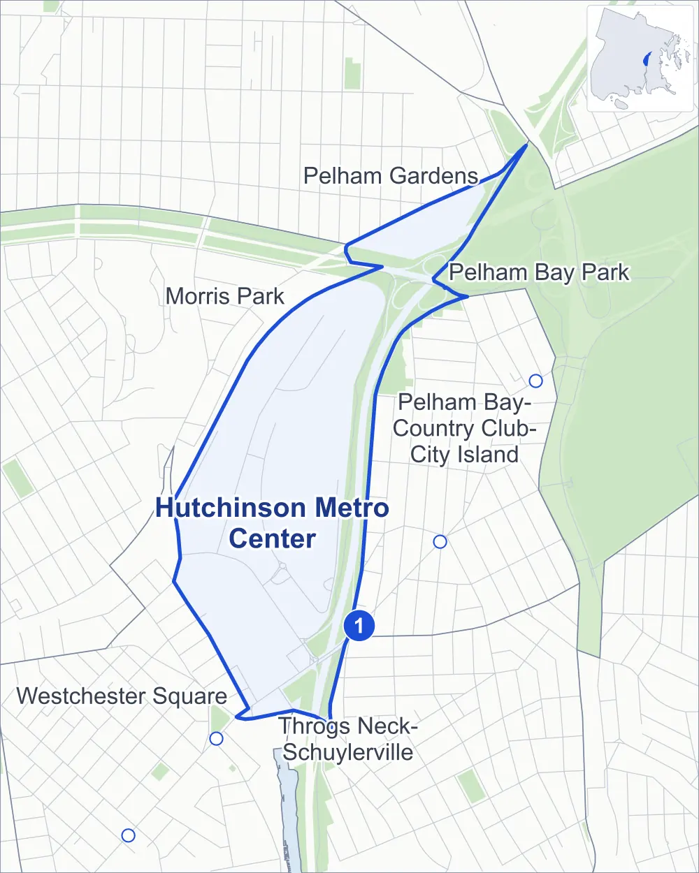 Street map of Hutchinson Metro Center, Bronx, outlined among Pelham Bay-Country Club-City Island, Morris Park, Westchester Square and Pelham Gardens, with its one subway station and Samuel H. Young Park.