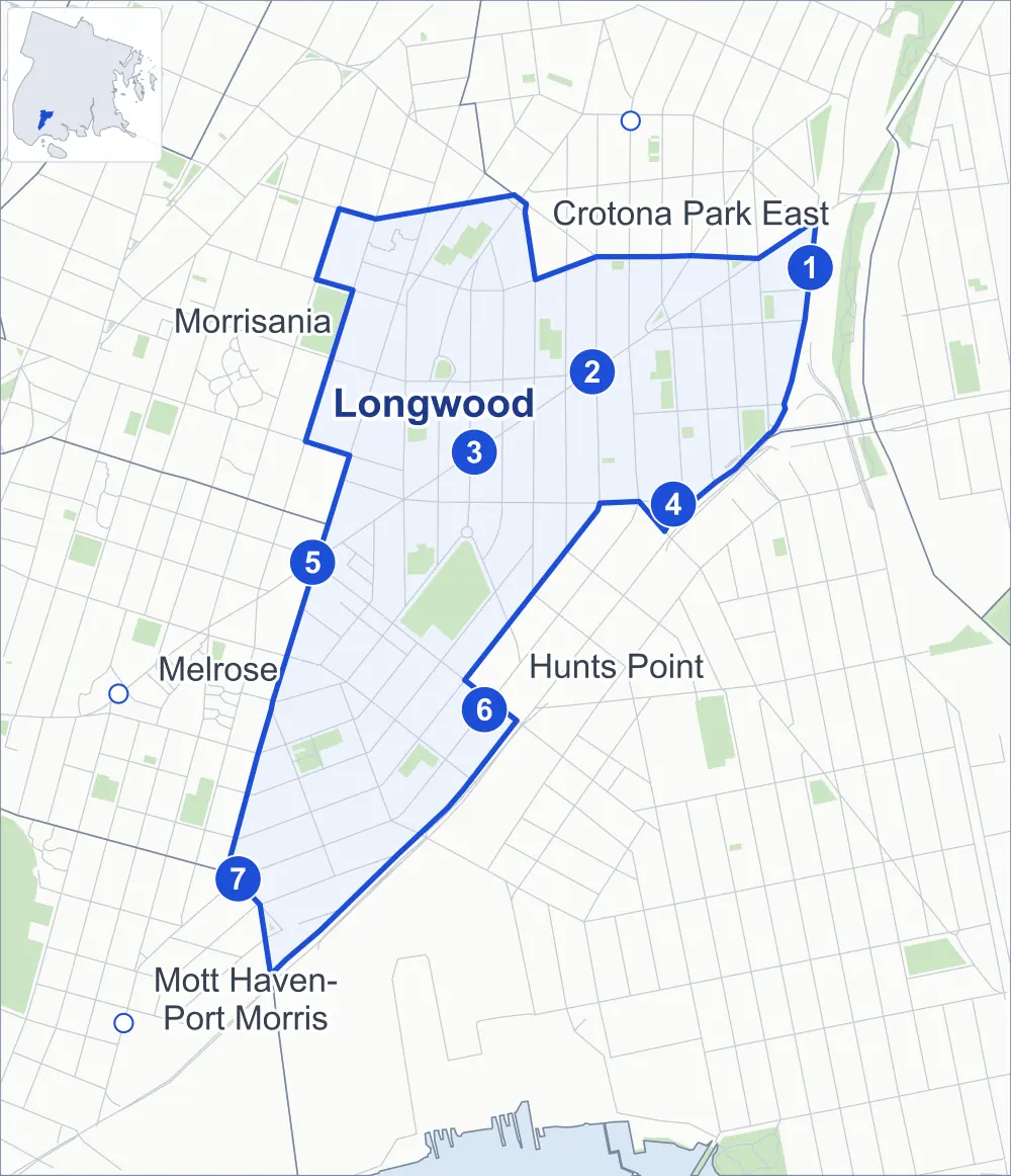 Street map of Longwood, Bronx, outlined among Hunts Point, Crotona Park East, Morrisania and Melrose, with its seven subway stations and Bill Rainey Park.