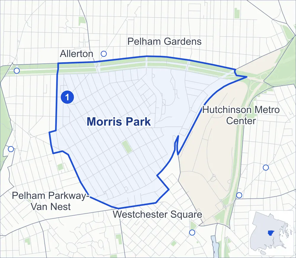 Street map of Morris Park, Bronx, outlined among Pelham Parkway-Van Nest, Pelham Gardens, Westchester Square and Hutchinson Metro Center, with its one subway station and Loreto Playground.