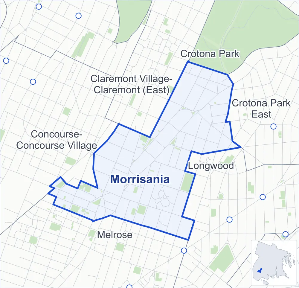 Street map of Morrisania, Bronx, outlined among Melrose, Longwood, Concourse-Concourse Village and Claremont Village-Claremont (East), with Behagen Playground.