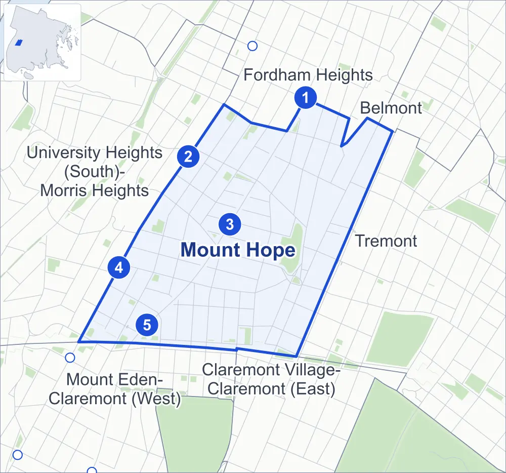 Street map of Mount Hope, Bronx, outlined among University Heights (South)-Morris Heights, Tremont, Fordham Heights and Mount Eden-Claremont (West), with its five subway stations and Richman (Echo) Park.
