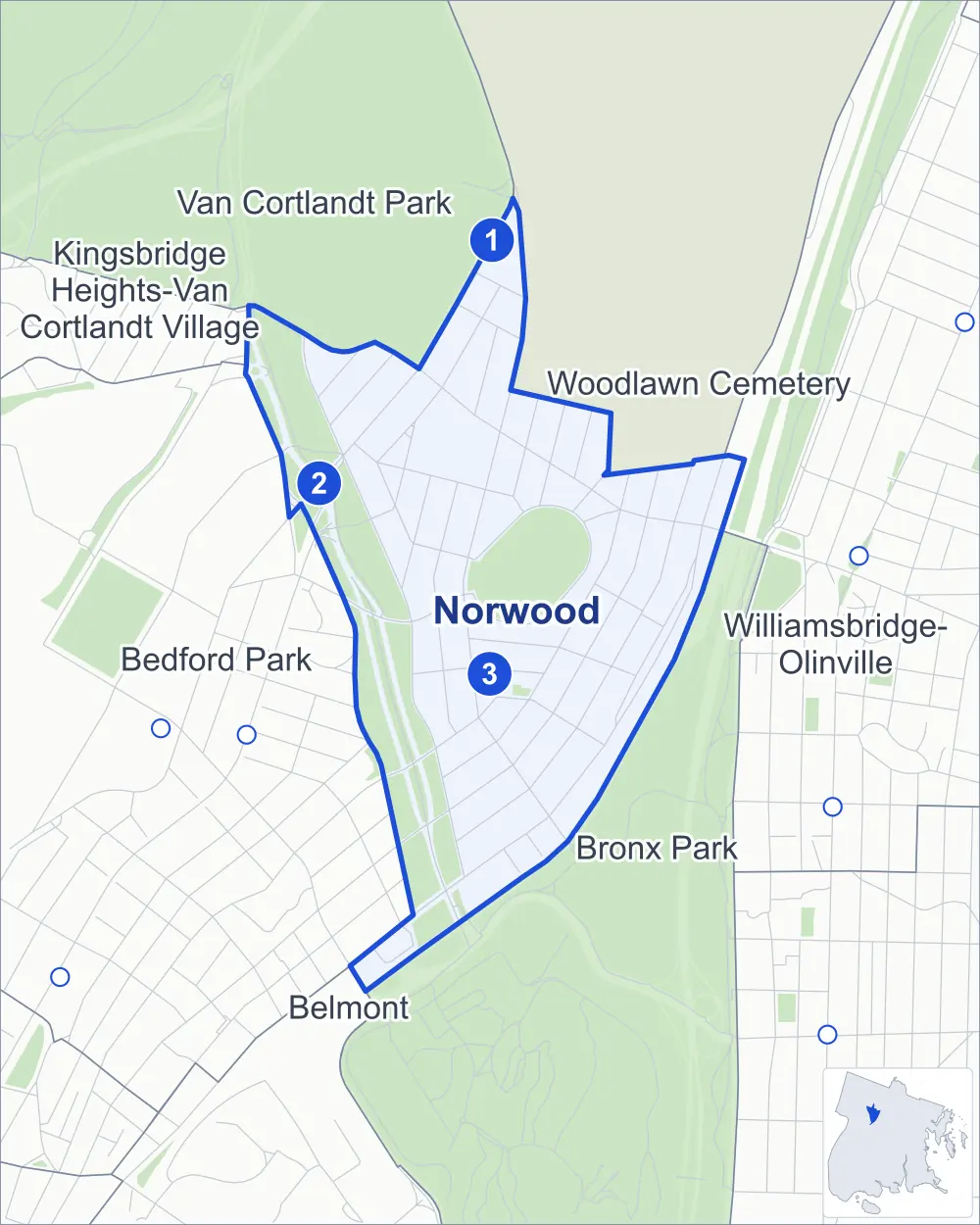 Street map of Norwood, Bronx, outlined among Bedford Park, Bronx Park, Woodlawn Cemetery and Van Cortlandt Park, with its three subway stations and Williamsbridge Oval.