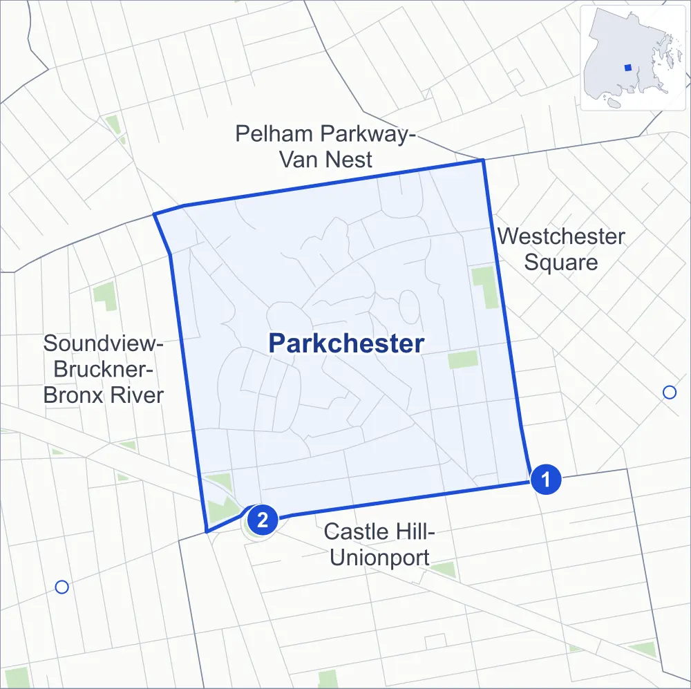 Street map of Parkchester, Bronx, outlined among Castle Hill-Unionport, Pelham Parkway-Van Nest, Westchester Square and Soundview-Bruckner-Bronx River, with its two subway stations and Castle Hill Playground.