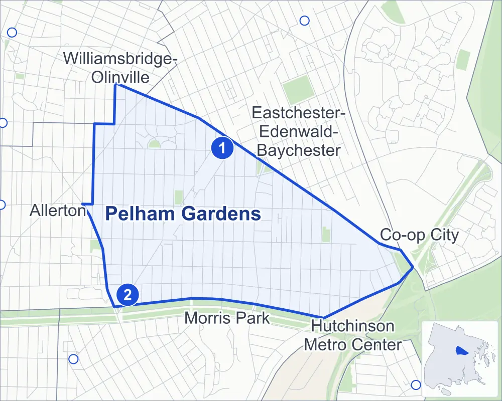 Street map of Pelham Gardens, Bronx, outlined among Eastchester-Edenwald-Baychester, Morris Park, Allerton and Hutchinson Metro Center, with its two subway stations and Burns Playground.
