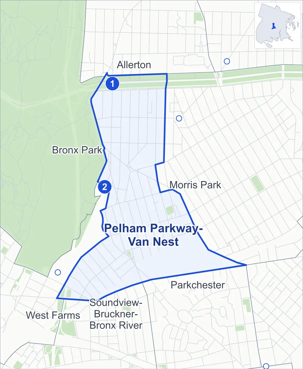 Street map of Pelham Parkway-Van Nest, Bronx, outlined among Morris Park, West Farms, Bronx Park and Parkchester, with its two subway stations and Matthews Muliner Playground.