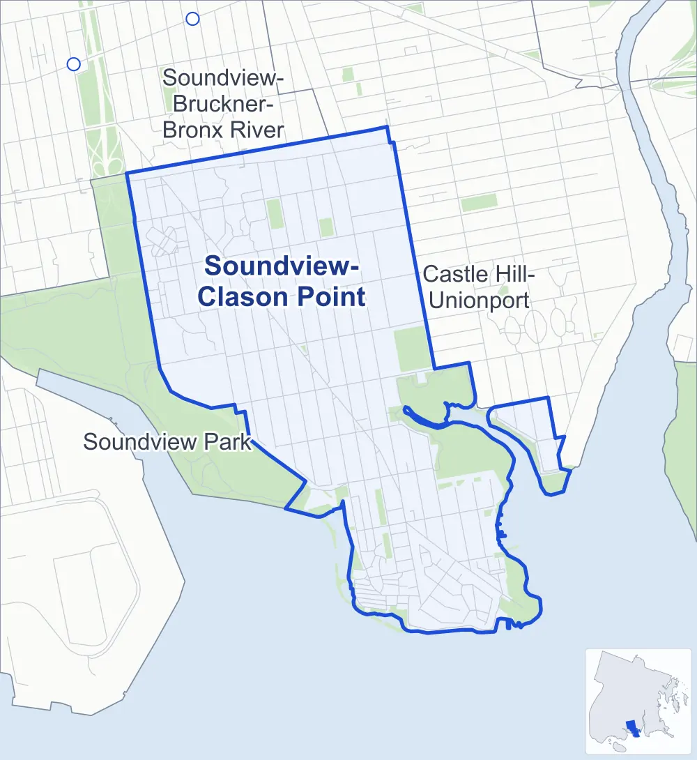 Street map of Soundview-Clason Point, Bronx, outlined among Castle Hill-Unionport, Soundview Park and Soundview-Bruckner-Bronx River, with Pugsley Creek Park.