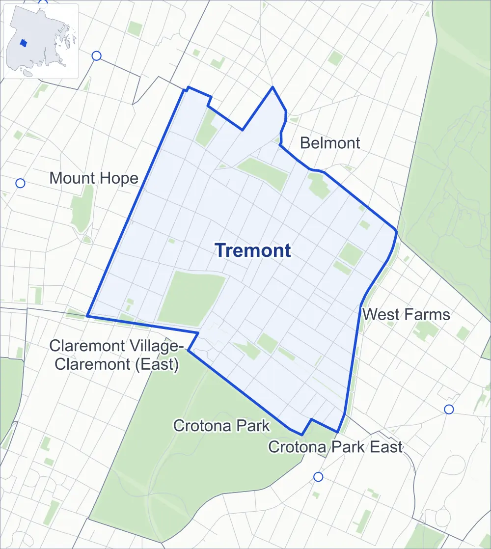 Street map of Tremont, Bronx, outlined among Belmont, Mount Hope, West Farms and Crotona Park, with Walter Gladwin Park.