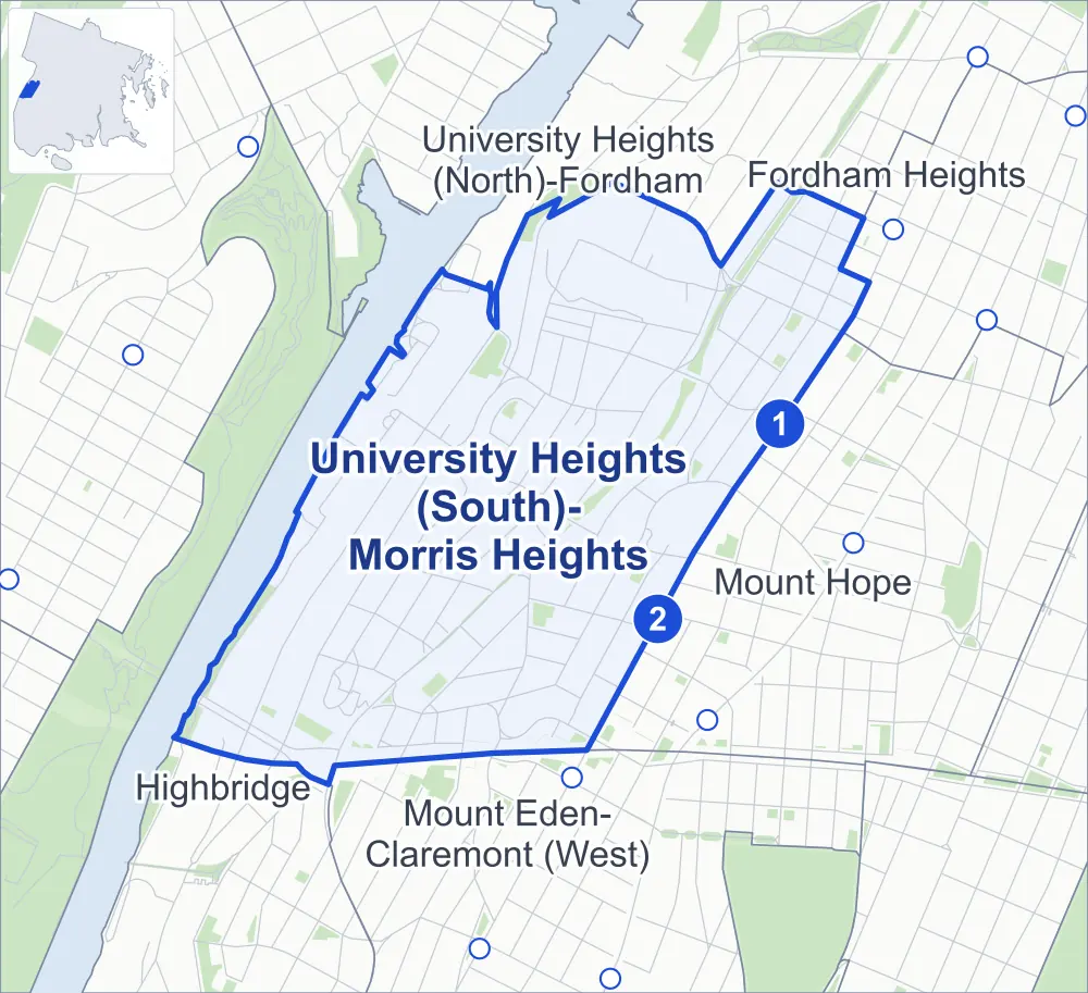 Street map of University Heights (South)-Morris Heights, Bronx, outlined among University Heights (North)-Fordham, Mount Hope, Mount Eden-Claremont (West) and Highbridge, with its two subway stations and Aqueduct Walk.