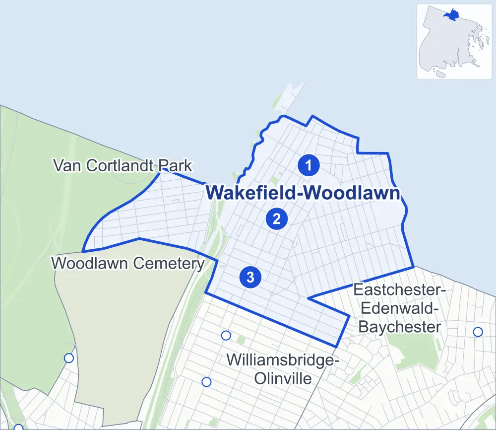 Street map of Wakefield-Woodlawn, Bronx, outlined among Williamsbridge-Olinville, Eastchester-Edenwald-Baychester, Woodlawn Cemetery and Van Cortlandt Park, with its three subway stations and Wakefield Playground.