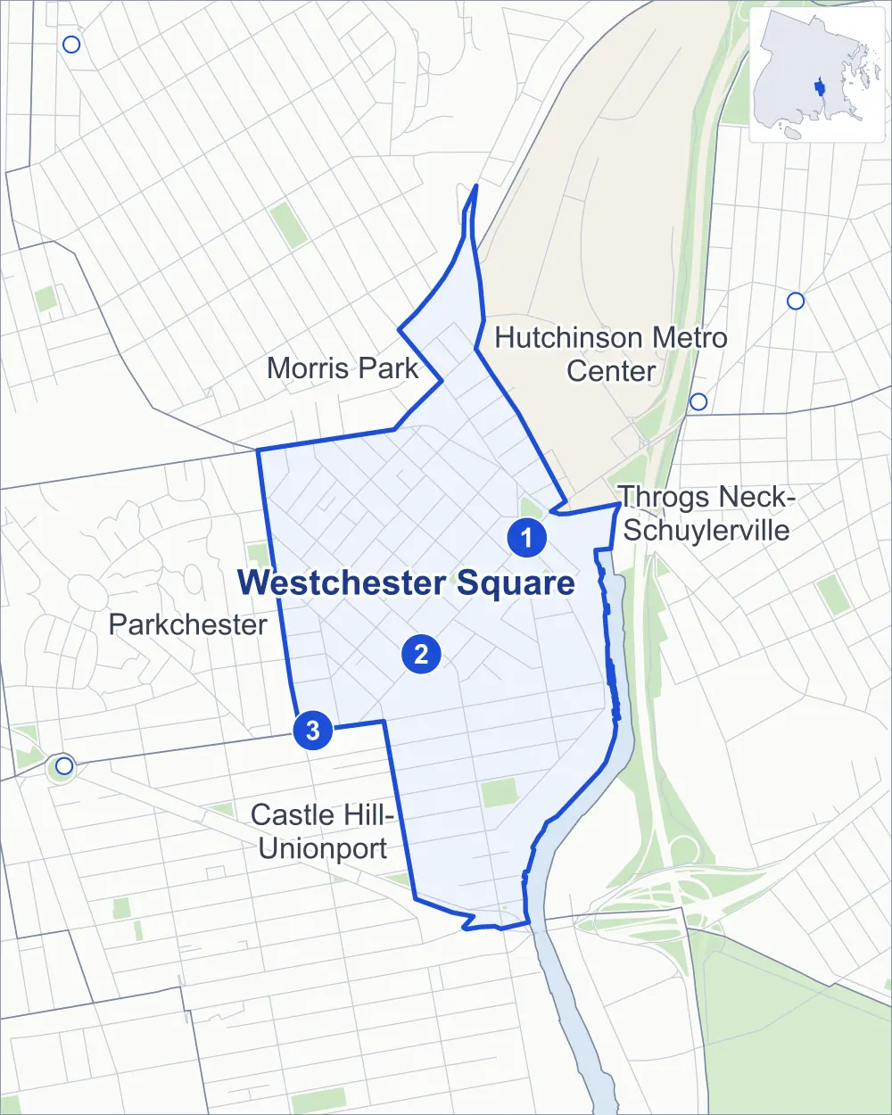 Street map of Westchester Square, Bronx, outlined among Morris Park, Castle Hill-Unionport, Hutchinson Metro Center and Parkchester, with its three subway stations and Castle Hill Little League Field.