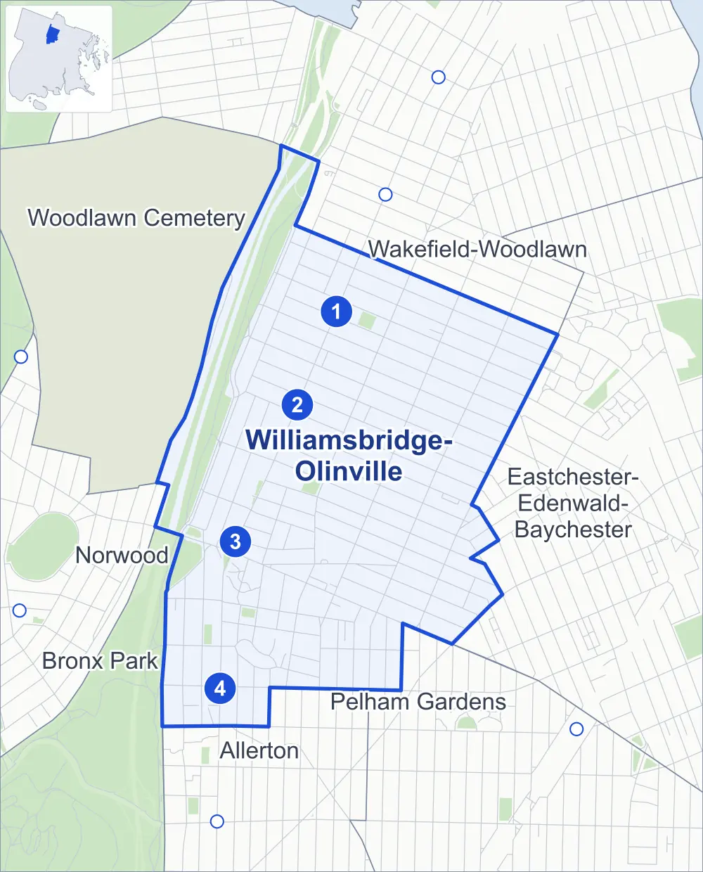 Street map of Williamsbridge-Olinville, Bronx, outlined among Wakefield-Woodlawn, Eastchester-Edenwald-Baychester, Woodlawn Cemetery and Allerton, with its four subway stations and Agnes Haywood Playground.