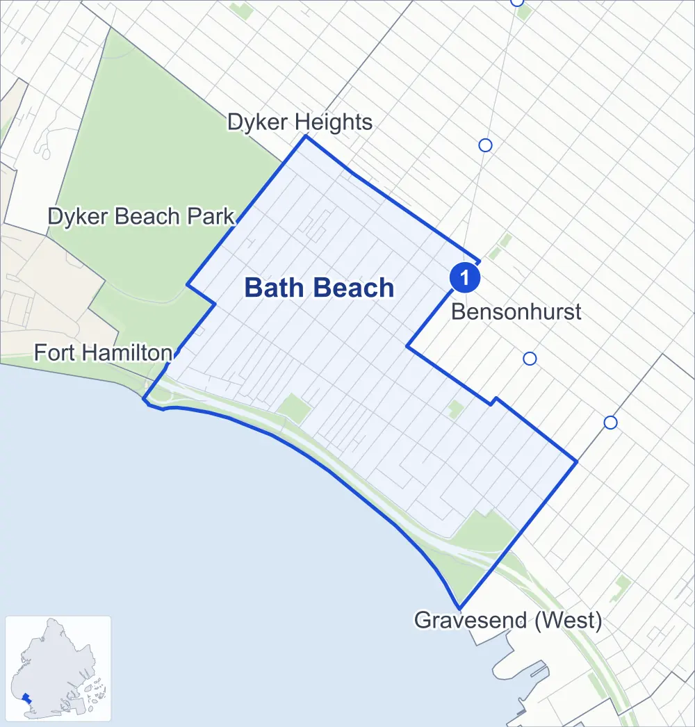 Street map of Bath Beach, Brooklyn, outlined among Bensonhurst, Dyker Beach Park, Gravesend (West) and Dyker Heights, with its one subway station and Bensonhurst Park.
