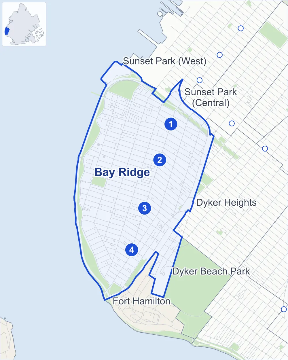 Street map of Bay Ridge, Brooklyn, outlined among Dyker Heights, Fort Hamilton, Sunset Park (West) and Dyker Beach Park, with its four subway stations and Shore Park and Parkway.