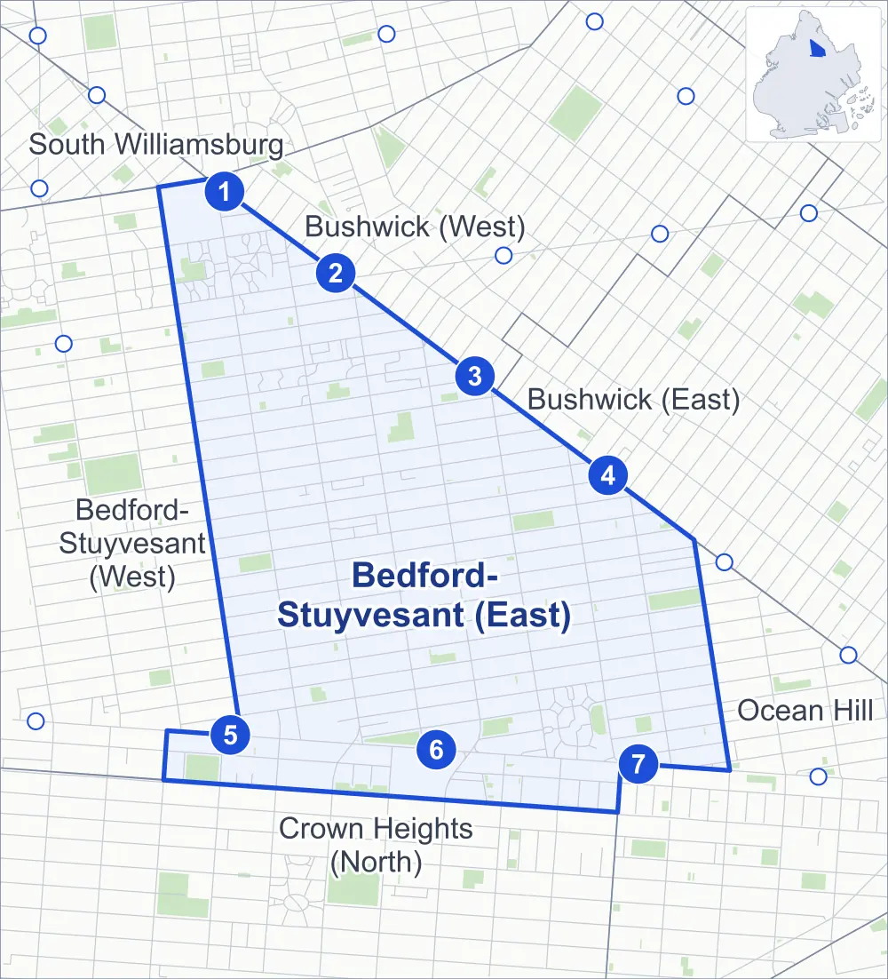 Street map of Bedford-Stuyvesant (East), Brooklyn, outlined among Bedford-Stuyvesant (West), Crown Heights (North), Ocean Hill and Bushwick (West), with its seven subway stations and St. Andrew's Playground.