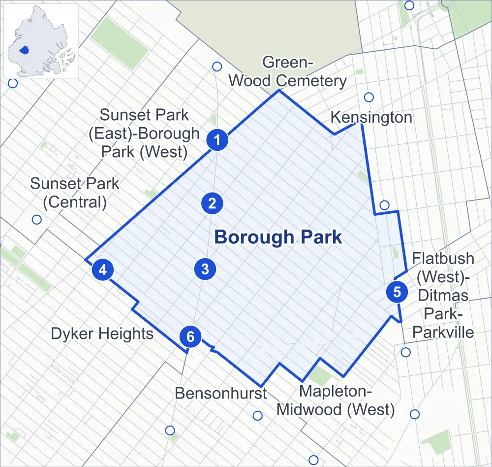 Street map of Borough Park, Brooklyn, outlined among Kensington, Sunset Park (East)-Borough Park (West), Mapleton-Midwood (West) and Dyker Heights, with its six subway stations and Dome Playground.