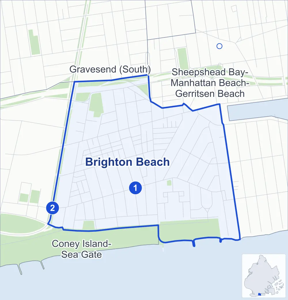 Street map of Brighton Beach, Brooklyn, outlined among Coney Island-Sea Gate, Sheepshead Bay-Manhattan Beach-Gerritsen Beach and Gravesend (South), with its two subway stations and Coney Island Beach & Boardwalk.