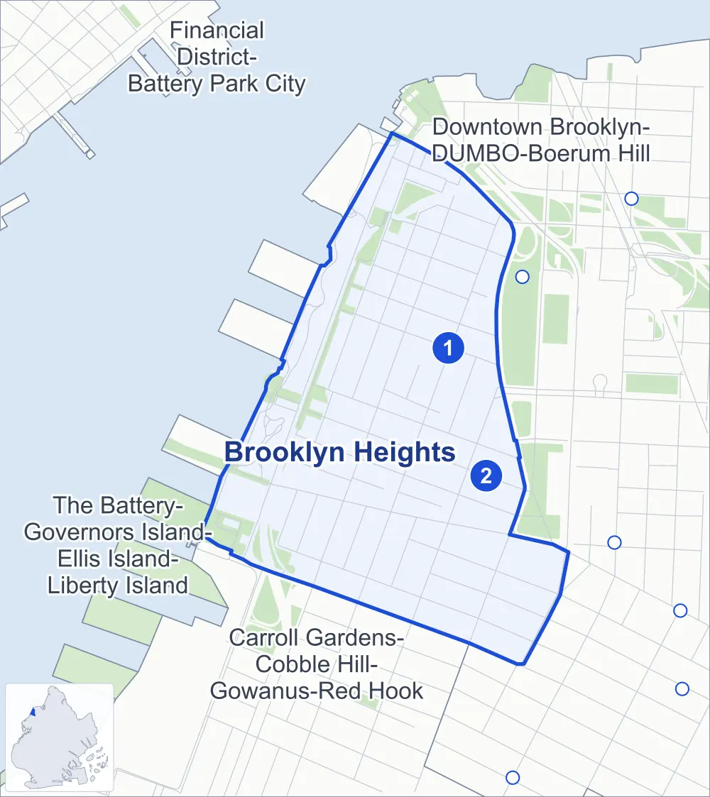 Street map of Brooklyn Heights, Brooklyn, outlined among Downtown Brooklyn-DUMBO-Boerum Hill, Carroll Gardens-Cobble Hill-Gowanus-Red Hook, Financial District-Battery Park City and The Battery-Governors Island-Ellis Island-Liberty Island, with its two subway stations and Brooklyn Bridge Park.