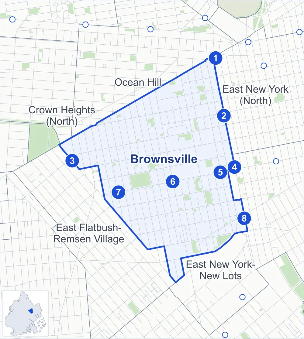 Street map of Brownsville, Brooklyn, outlined among East Flatbush-Remsen Village, East New York-New Lots, Ocean Hill and East New York (North), with its eight subway stations and Betsy Head Park.