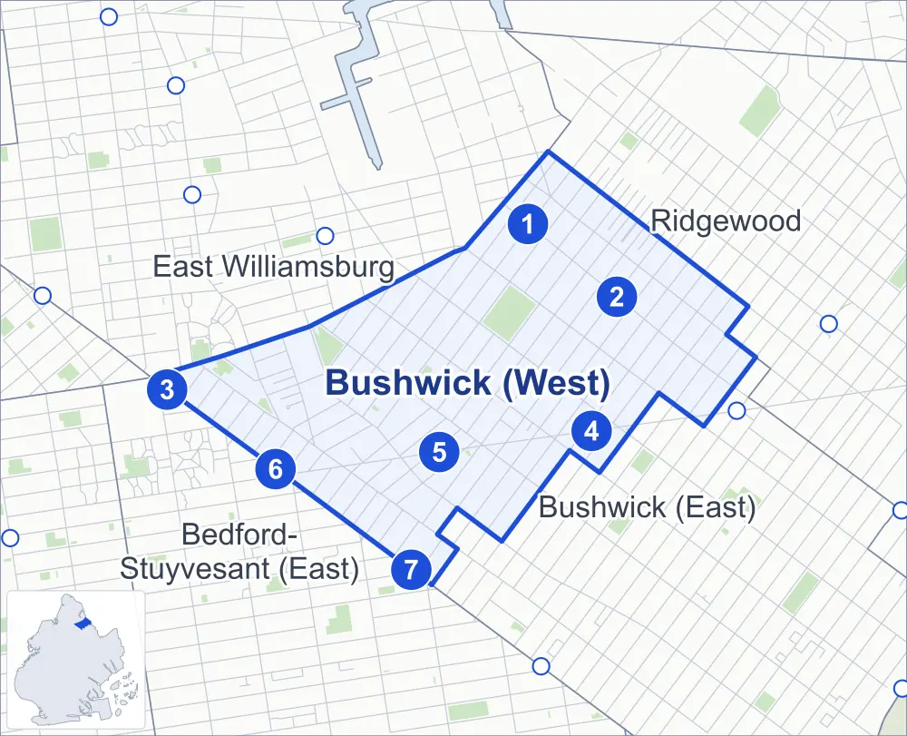 Street map of Bushwick (West), Brooklyn, outlined among Bushwick (East), East Williamsburg, Bedford-Stuyvesant (East) and Ridgewood, with its seven subway stations and Maria Hernandez Park.