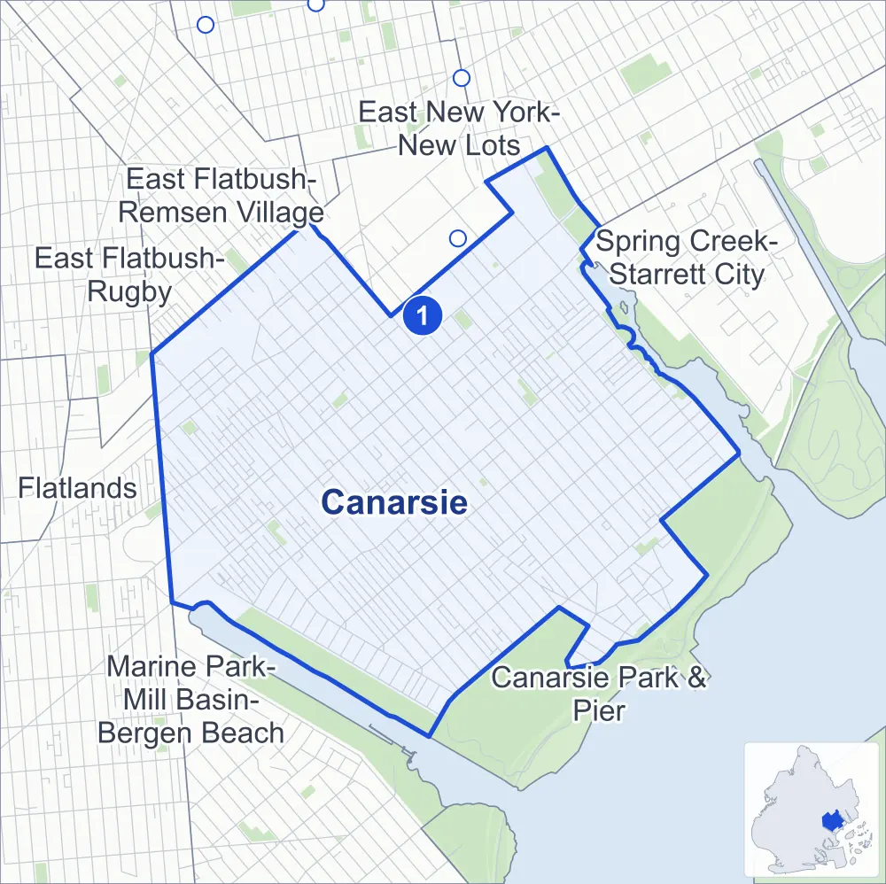 Street map of Canarsie, Brooklyn, outlined among Canarsie Park & Pier, East New York-New Lots, Flatlands and East Flatbush-Remsen Village, with its one subway station and Paerdegat Basin Park.