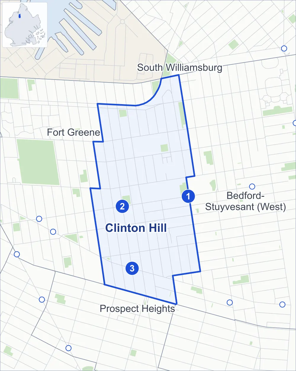 Street map of Clinton Hill, Brooklyn, outlined among Fort Greene, Bedford-Stuyvesant (West), Prospect Heights and South Williamsburg, with its three subway stations and Taaffe Playground.