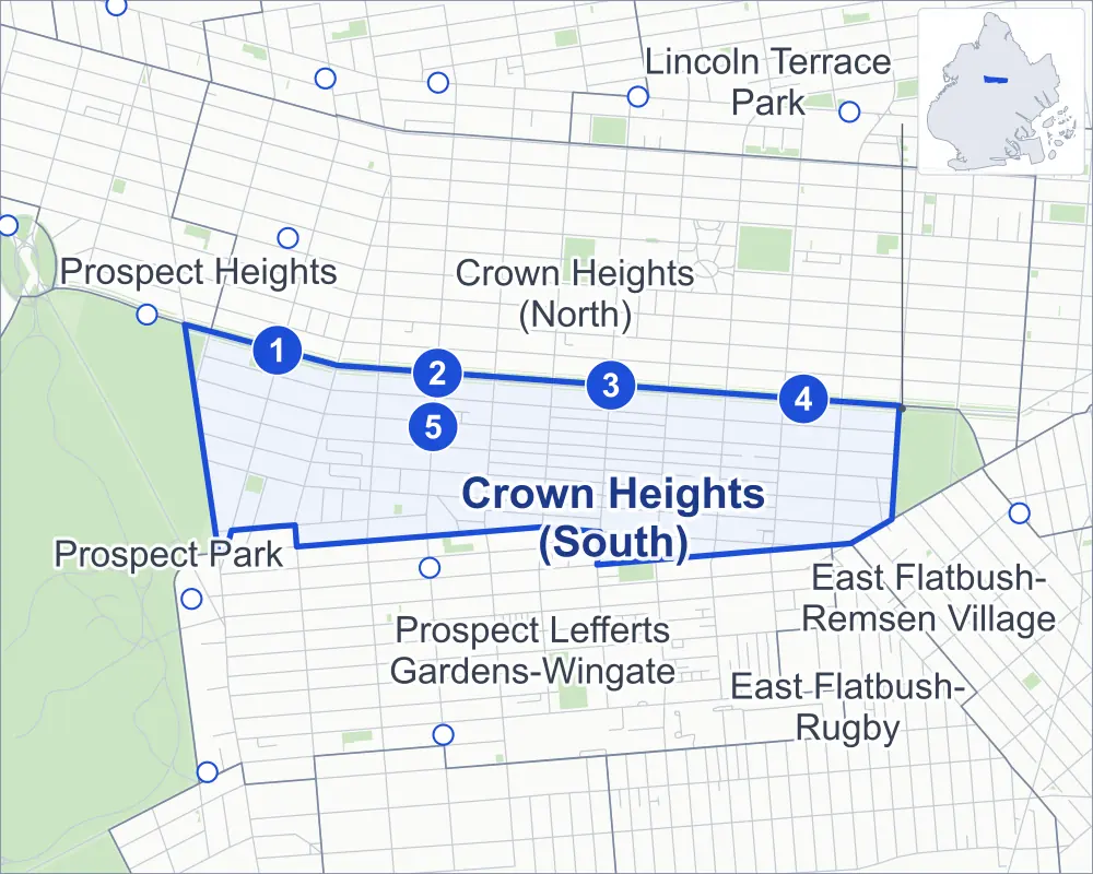 Street map of Crown Heights (South), Brooklyn, outlined among Crown Heights (North), Prospect Lefferts Gardens-Wingate, Prospect Park and Lincoln Terrace Park, with its five subway stations and Dr. Ronald McNair Park.