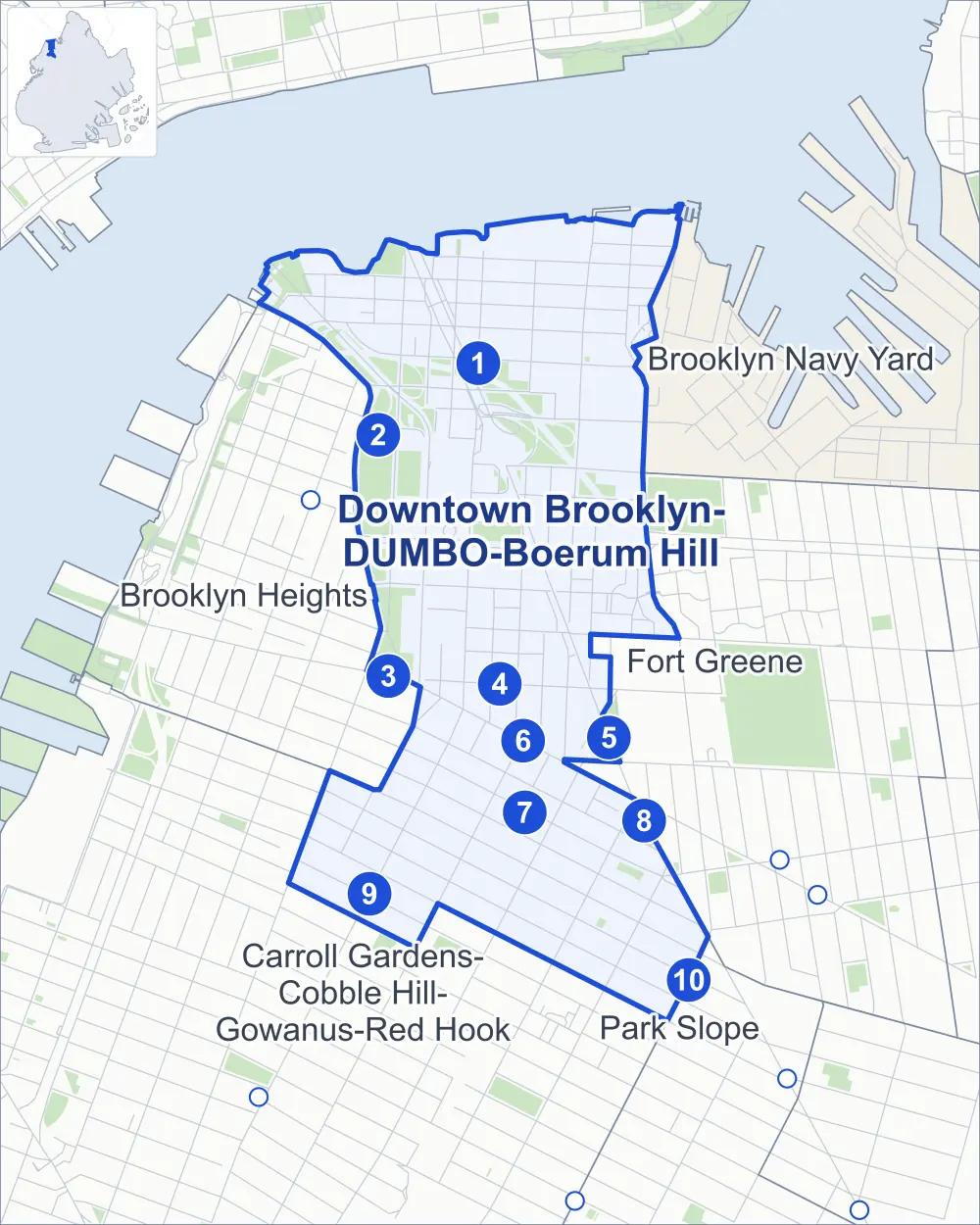 Street map of Downtown Brooklyn-DUMBO-Boerum Hill, Brooklyn, outlined among Fort Greene, Brooklyn Heights, Carroll Gardens-Cobble Hill-Gowanus-Red Hook and Brooklyn Navy Yard, with its ten subway stations and Cadman Plaza Park.