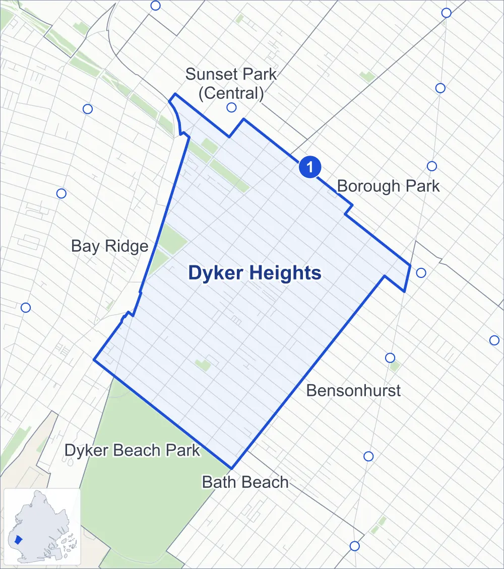 Street map of Dyker Heights, Brooklyn, outlined among Bay Ridge, Bensonhurst, Borough Park and Sunset Park (Central), with its one subway station and McKinley Park.