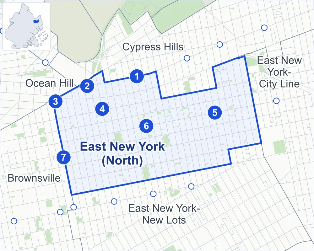 Street map of East New York (North), Brooklyn, outlined among Cypress Hills, East New York-New Lots, Brownsville and East New York-City Line, with its seven subway stations and Grace Playground.