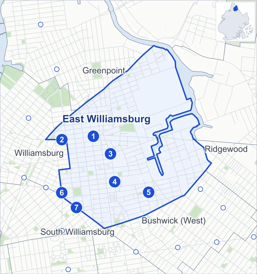 Street map of East Williamsburg, Brooklyn, outlined among Williamsburg, Bushwick (West), Greenpoint and South Williamsburg, with its seven subway stations and Cooper Park.