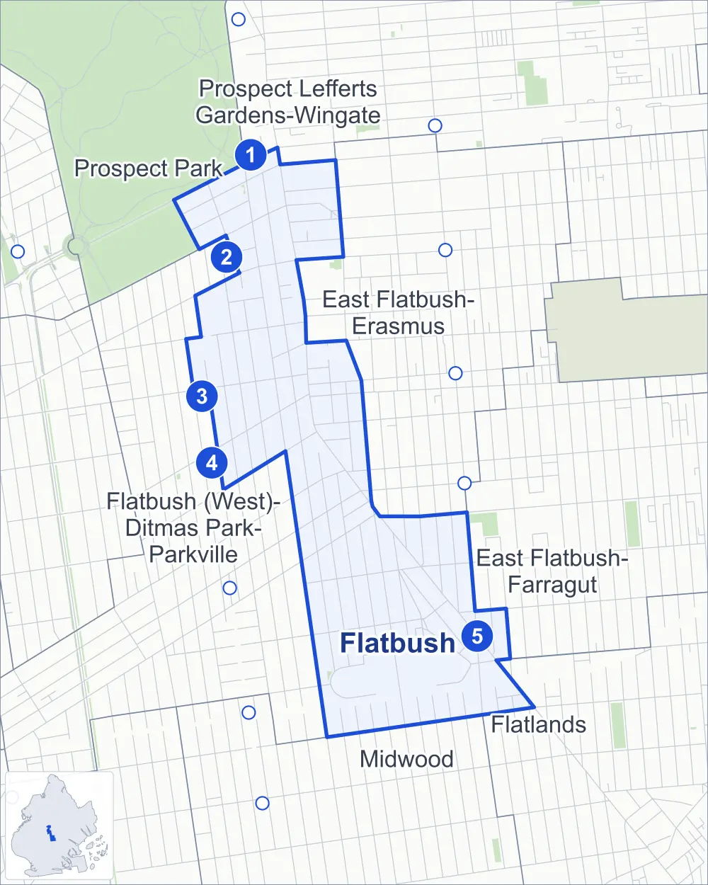 Street map of Flatbush, Brooklyn, outlined among Flatbush (West)-Ditmas Park-Parkville, East Flatbush-Erasmus, East Flatbush-Farragut and Midwood, with its five subway stations.