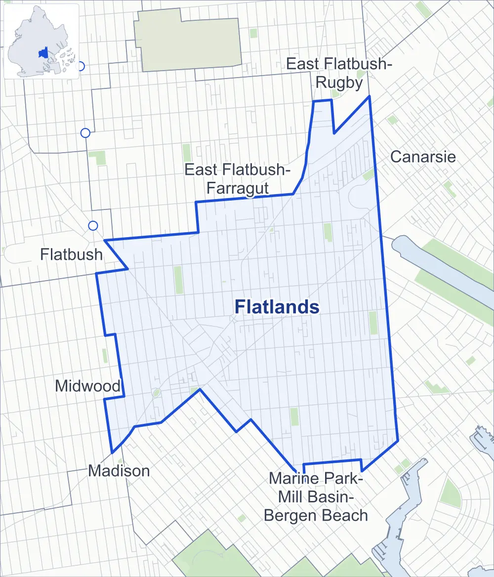 Street map of Flatlands, Brooklyn, outlined among Marine Park-Mill Basin-Bergen Beach, East Flatbush-Farragut, Midwood and Canarsie, with Amersfort Park.