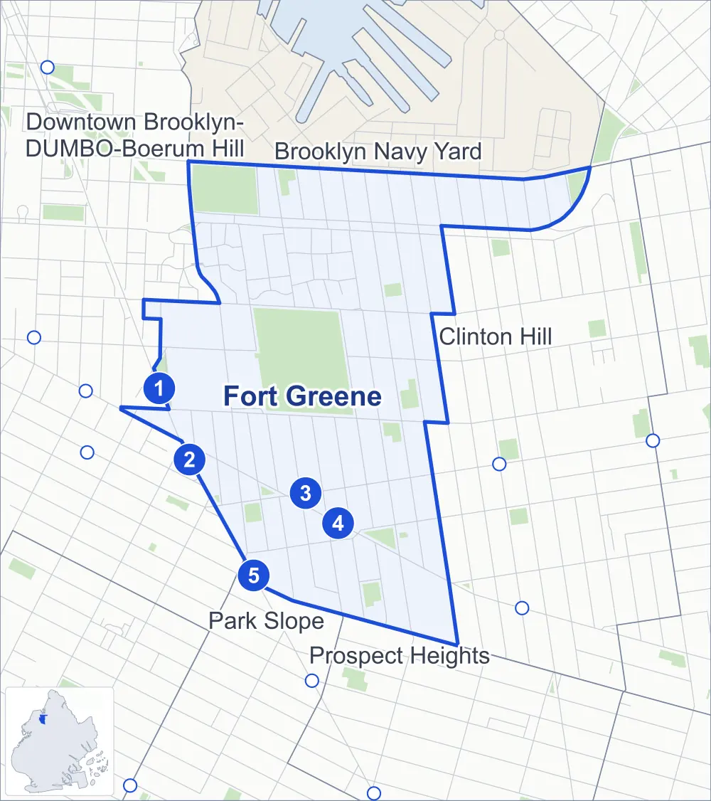 Street map of Fort Greene, Brooklyn, outlined among Clinton Hill, Downtown Brooklyn-DUMBO-Boerum Hill, Brooklyn Navy Yard and Park Slope, with its five subway stations and Fort Greene Park.
