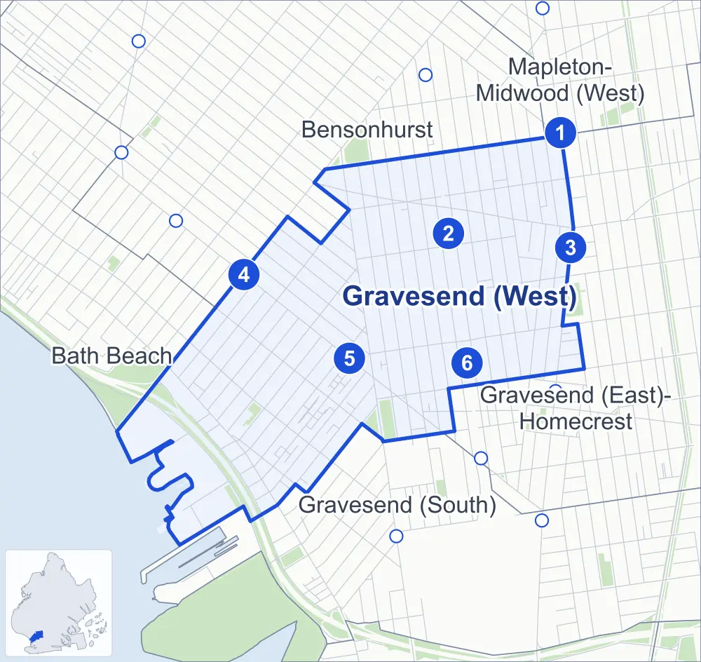 Street map of Gravesend (West), Brooklyn, outlined among Bensonhurst, Gravesend (East)-Homecrest, Gravesend (South) and Bath Beach, with its six subway stations and Police Officer John G. Scarangella Park.