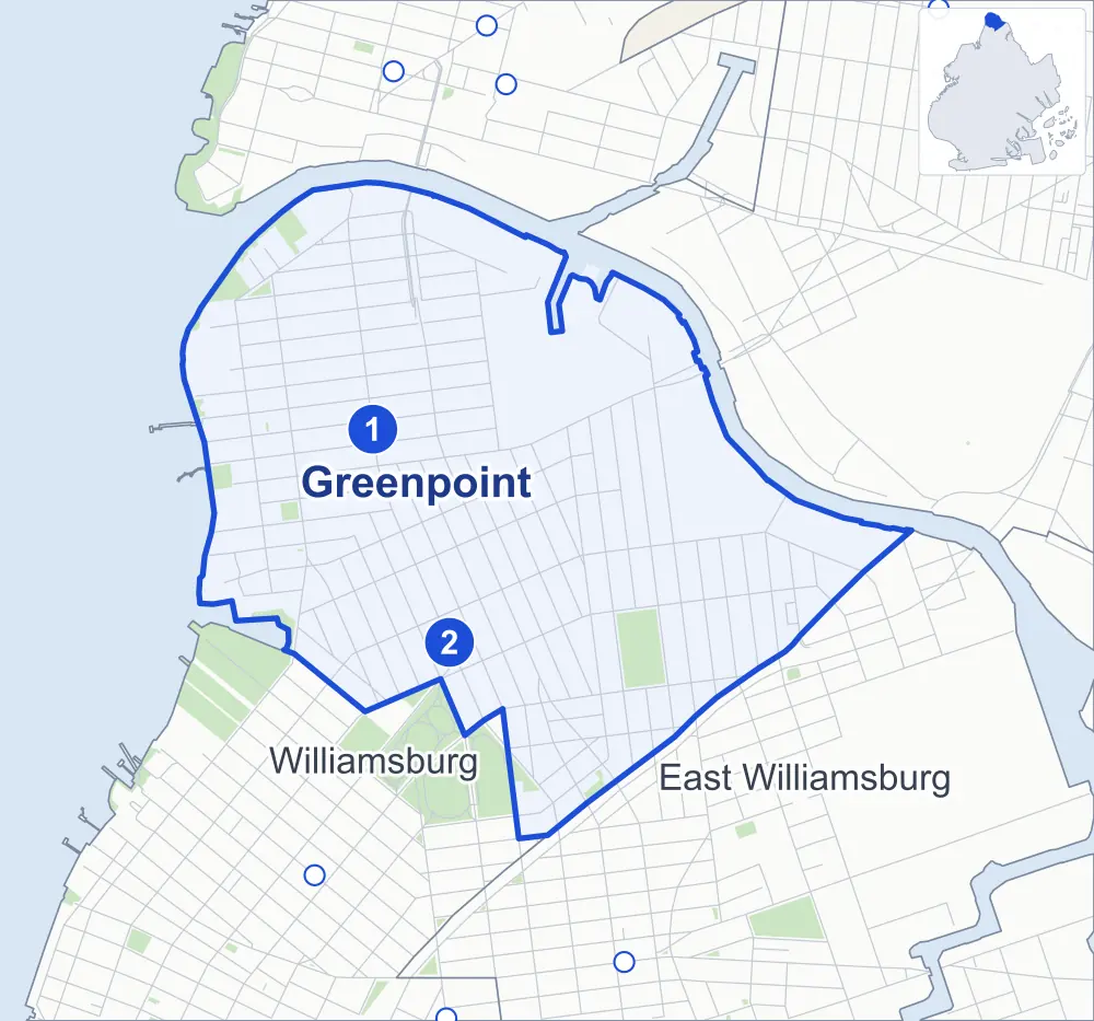 Street map of Greenpoint, Brooklyn, outlined among East Williamsburg and Williamsburg, with its two subway stations and Msgr. McGolrick Park.