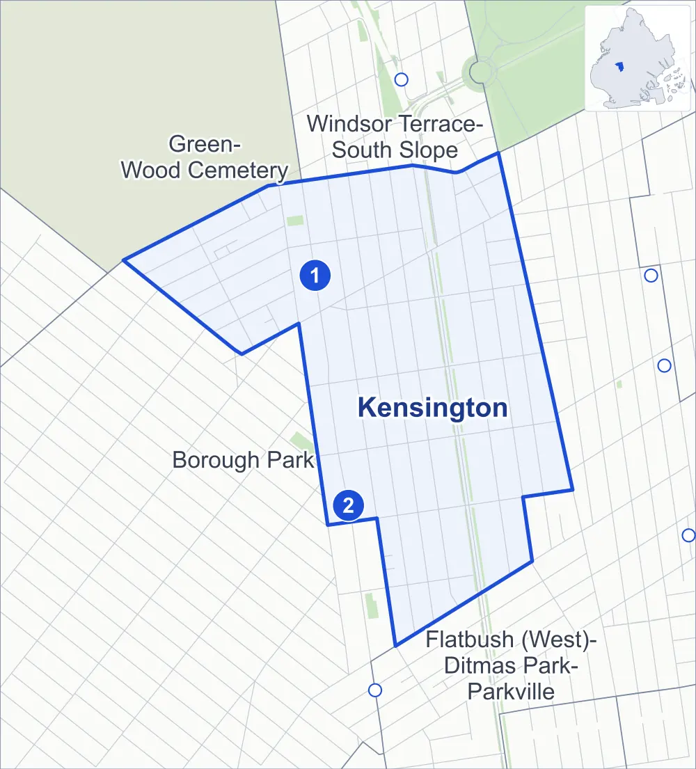 Street map of Kensington, Brooklyn, outlined among Flatbush (West)-Ditmas Park-Parkville, Borough Park, Windsor Terrace-South Slope and Green-Wood Cemetery, with its two subway stations.