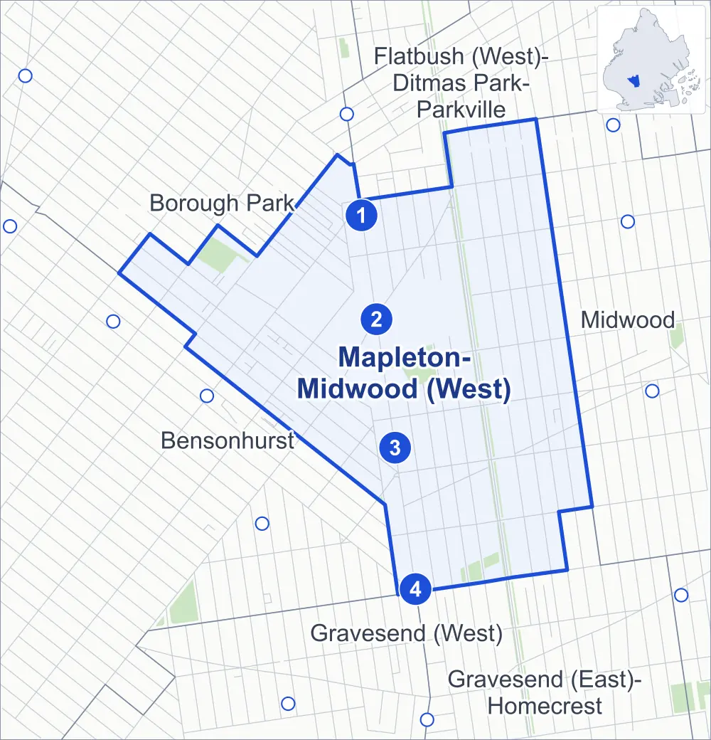 Street map of Mapleton-Midwood (West), Brooklyn, outlined among Bensonhurst, Midwood, Borough Park and Flatbush (West)-Ditmas Park-Parkville, with its four subway stations and Friends Field.