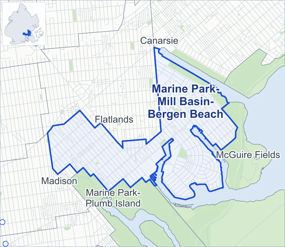Street map of Marine Park-Mill Basin-Bergen Beach, Brooklyn, outlined among Flatlands, Marine Park-Plumb Island, McGuire Fields and Madison, with Paerdegat Basin Park.