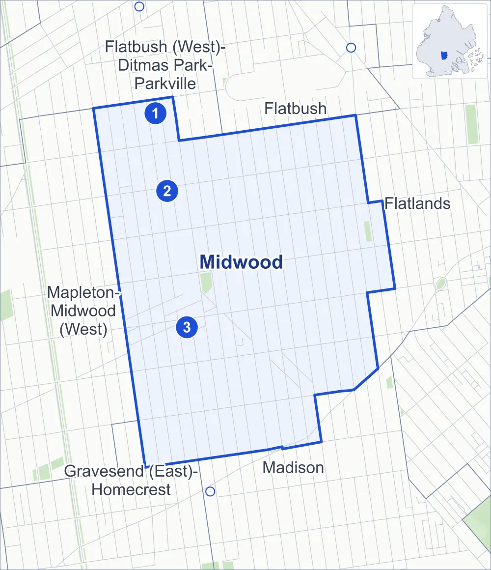 Street map of Midwood, Brooklyn, outlined among Mapleton-Midwood (West), Flatlands, Madison and Flatbush (West)-Ditmas Park-Parkville, with its three subway stations and Kolbert Playground.