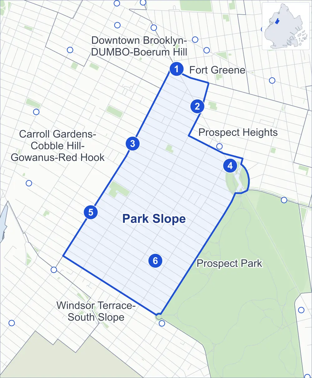 Street map of Park Slope, Brooklyn, outlined among Carroll Gardens-Cobble Hill-Gowanus-Red Hook, Prospect Park, Prospect Heights and Windsor Terrace-South Slope, with its six subway stations and Grand Army Plaza.