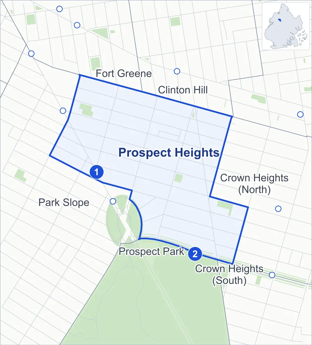 Street map of Prospect Heights, Brooklyn, outlined among Park Slope, Crown Heights (North), Clinton Hill and Prospect Park, with its two subway stations and Dean Playground.