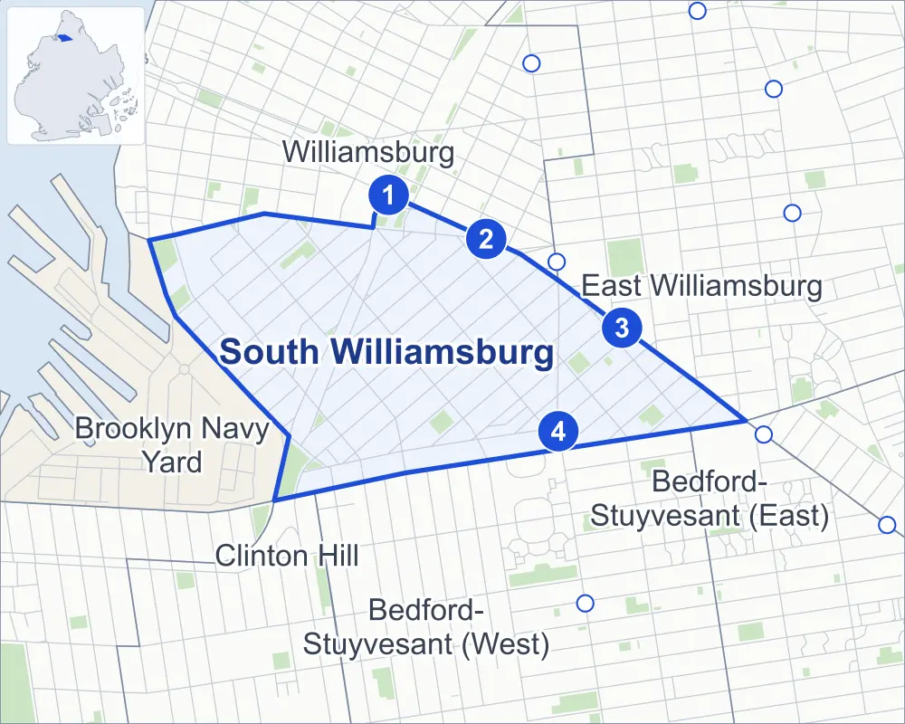 Street map of South Williamsburg, Brooklyn, outlined among Williamsburg, Bedford-Stuyvesant (West), Brooklyn Navy Yard and East Williamsburg, with its four subway stations and Classon Playground.