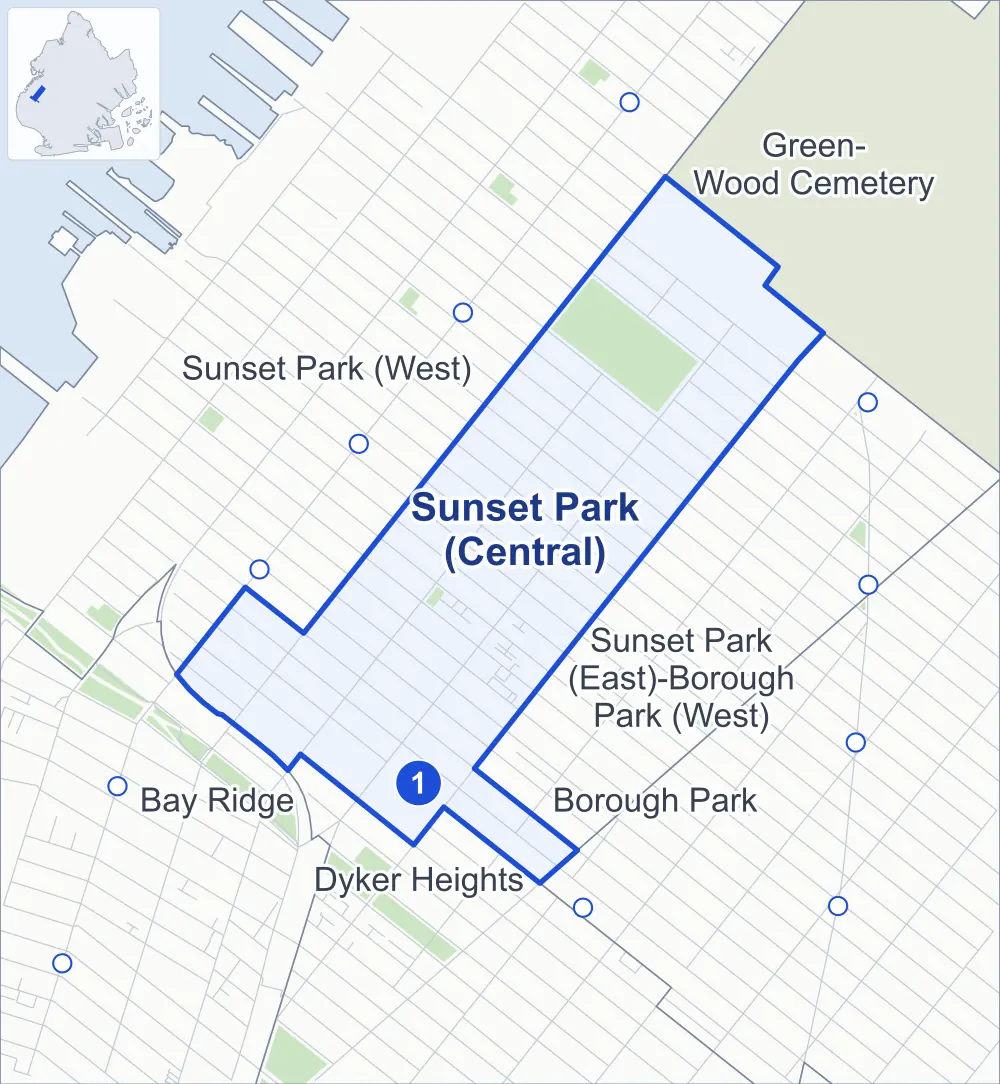 Street map of Sunset Park (Central), Brooklyn, outlined among Sunset Park (West), Sunset Park (East)-Borough Park (West), Dyker Heights and Green-Wood Cemetery, with its one subway station and Sunset Park.