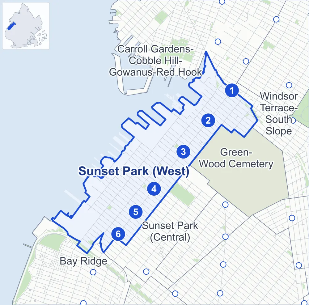Street map of Sunset Park (West), Brooklyn, outlined among Sunset Park (Central), Bay Ridge, Green-Wood Cemetery and Windsor Terrace-South Slope, with its six subway stations and Shore Park and Parkway.
