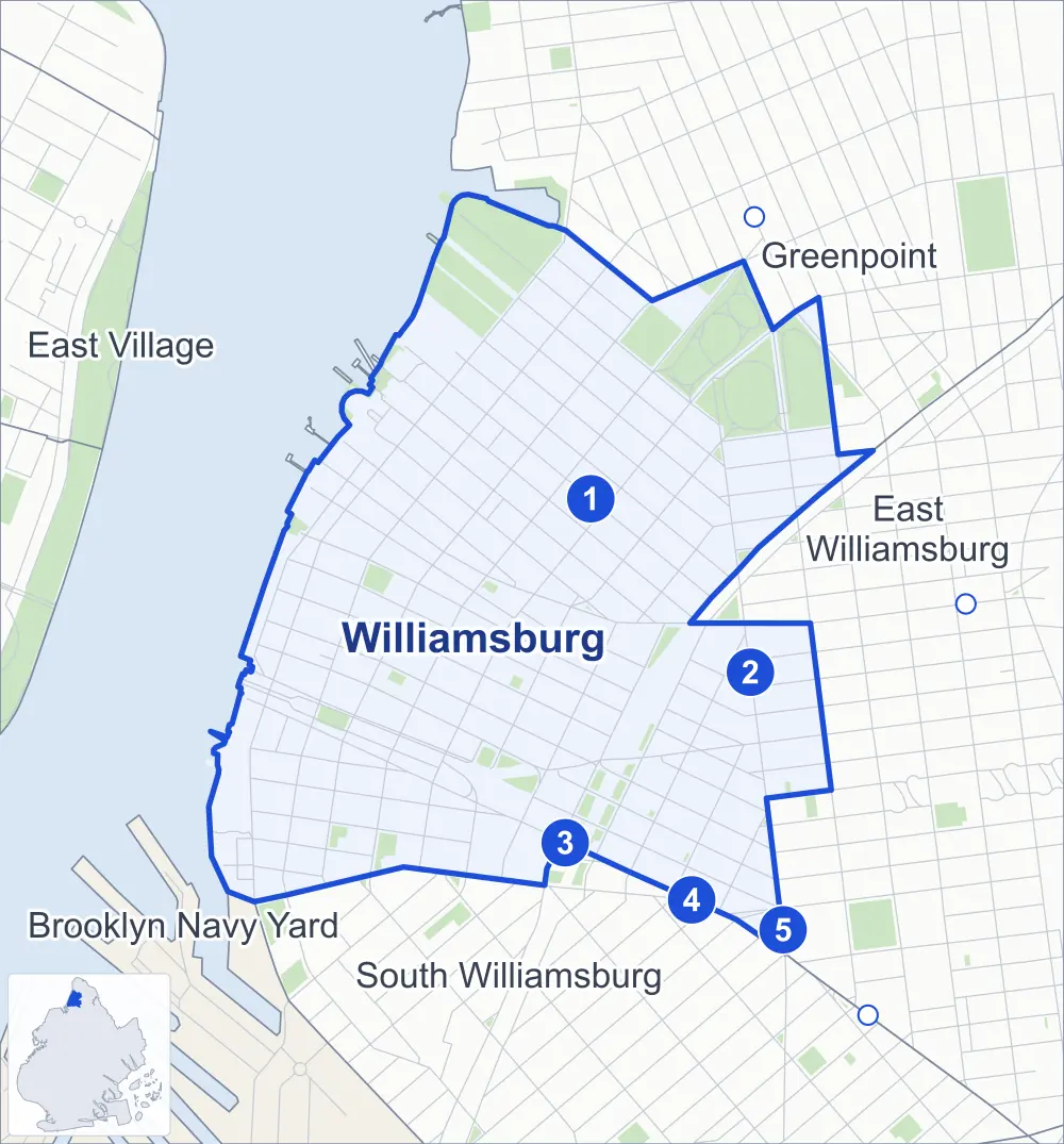 Street map of Williamsburg, Brooklyn, outlined among East Williamsburg, South Williamsburg, Greenpoint and the East Village, with its five subway stations and McCarren Park.